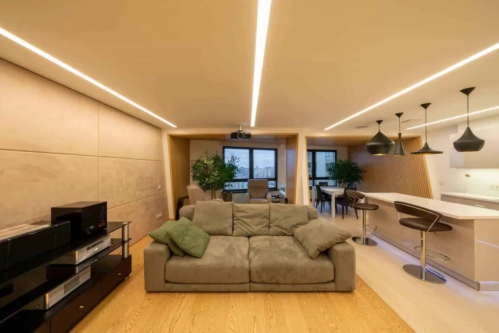 Contemporary living room with acoustic insulation and stylish decor in California.